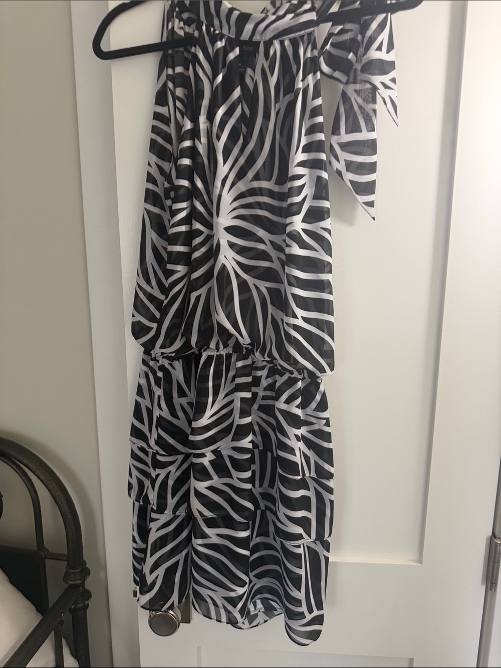 White House Black Market Black & White One-Shoulder Tiered Dress with Tie